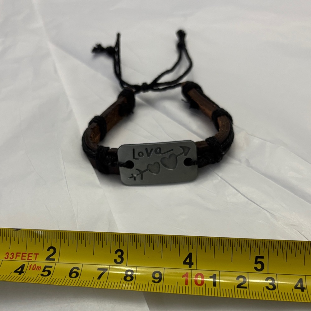 Slide Adjustable Leather Cord Bracelet with 'Love' Metal Plate